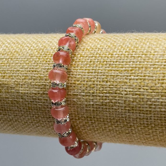 Brățară din calcedon, piatră naturală, rondel neted, diametru 8x5 mm, lungime 18 cm (elastică) cu cristale albe