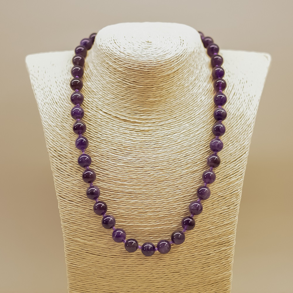 Colier cu ametist, mărgele netede, diametru 10 mm, lungime 45 cm