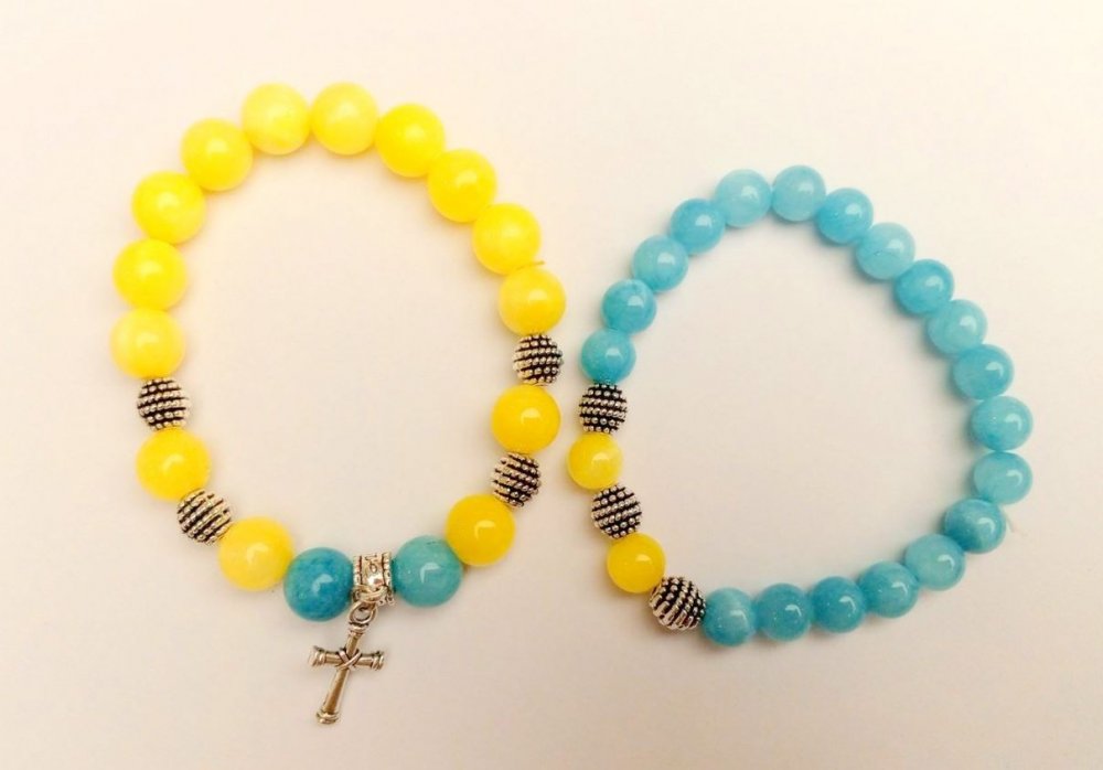 Brățară «Ucraina» pentru cuplu, acvamarin și citrin (acrilic artificial), mărgele netede din acrilic pe elastic, lungime 18 cm