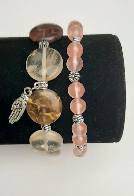 Set de brățări din calcedon, cu bile netede de 6,5 mm, cerc de 15 mm, pe elastic, lungime 18 cm+