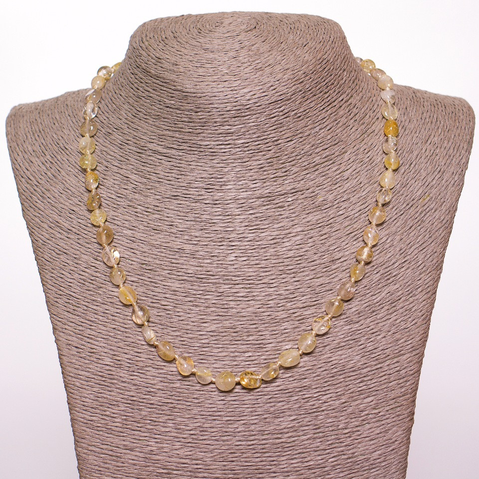 Colier din cuarț natural cu rutilit, tăiere ovală, finisaj lucios, aur alb, diametrul 6 mm (+/-), lungime 50 cm
