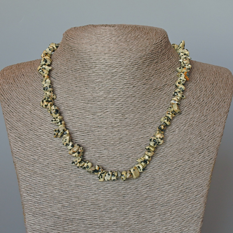 Colier din jasper dalmațian, piatră naturală, granule de jasper, diametru 9×4 mm, lungime 46 cm +