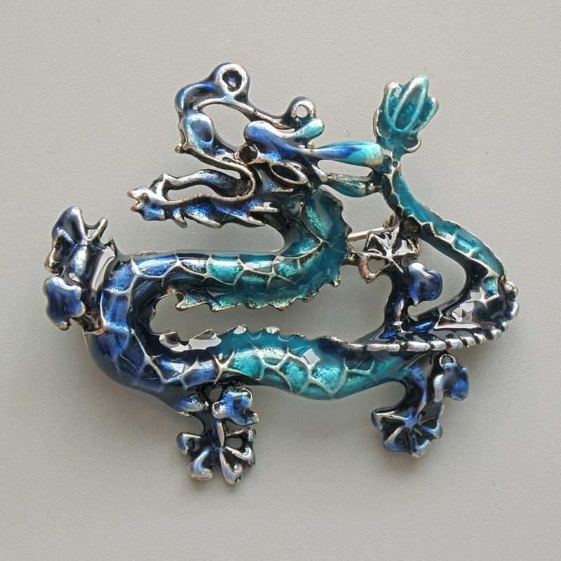 Broșă-colier Dragon email albastru, metal argintiu 47x41 mm