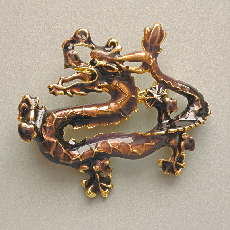 Broșă-pandantiv Dragon maro email, metal auriu 47×41 mm